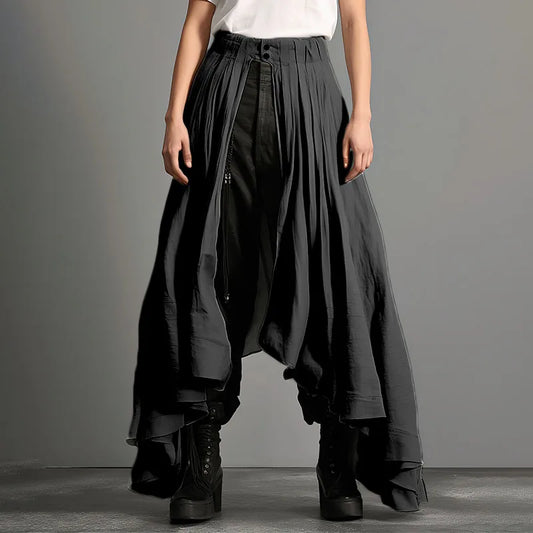 Men’s Irregular Pleated Skirt | Sophisticated Mid-Waist Loose Silhouette | Elegant "Ankle-Length" Split Streetwear | "Dignified" Button Fly Unisex Bottoms for Radiant Versatile Styling Luxegan