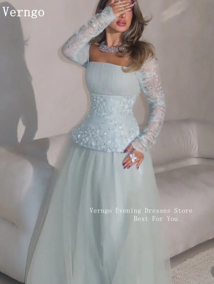 Verngo Mint Green Tulle Evening Dress Sequined Square Collar Full Sleeves A Line Prom Gowns Saudi Arabia Party Dress Customized