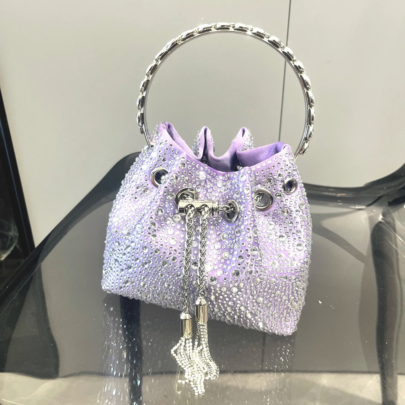 Luxury Designer Rhinestone Evening Clutch | Shiny Crystal Bucket Handbag & Fashion Shoulder Bag Luxegan
