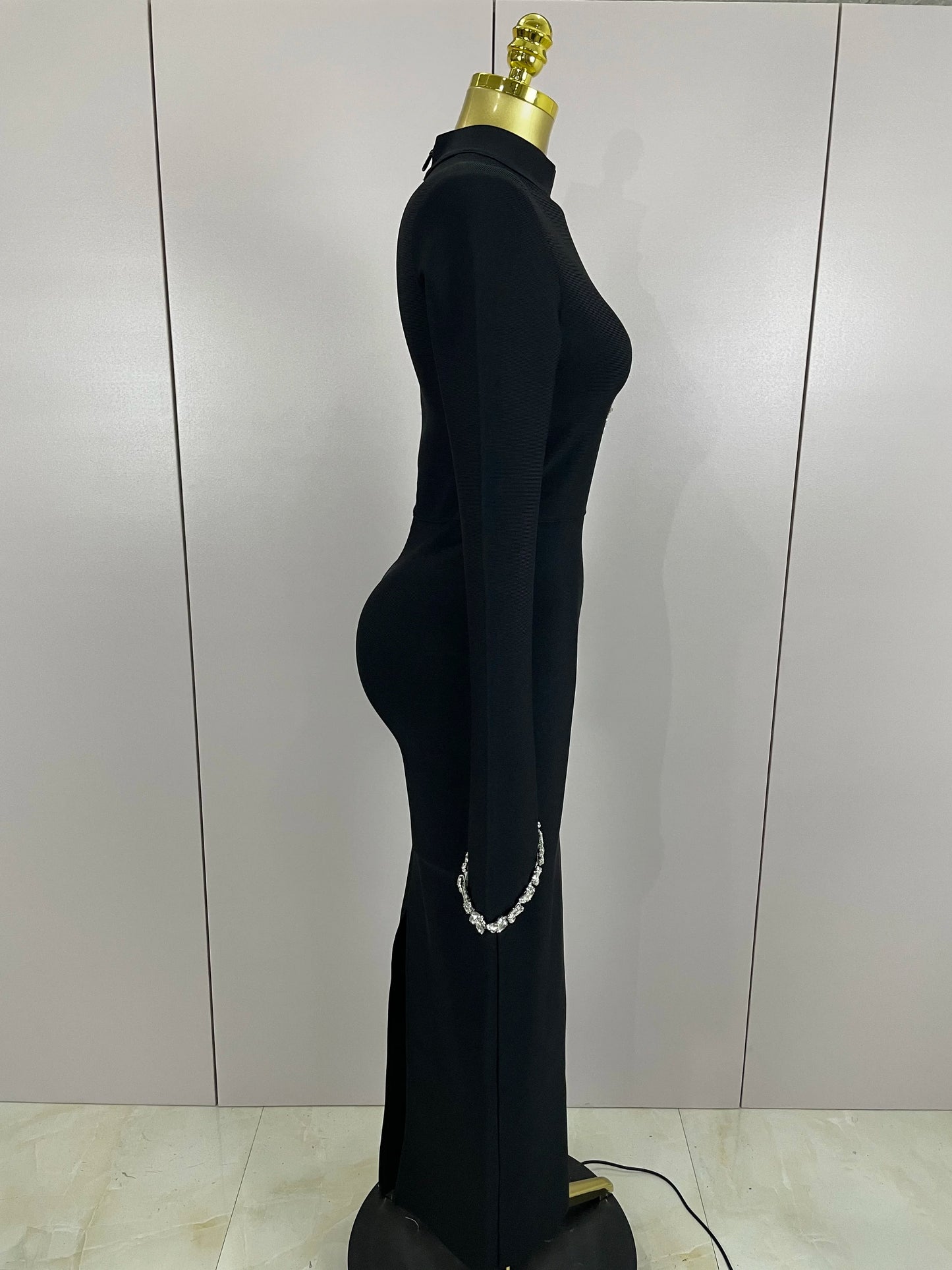 Diamond Appliqué Bodycon Maxi Dress | Long Sleeve High Collar Bandage Evening Dress Luxegan