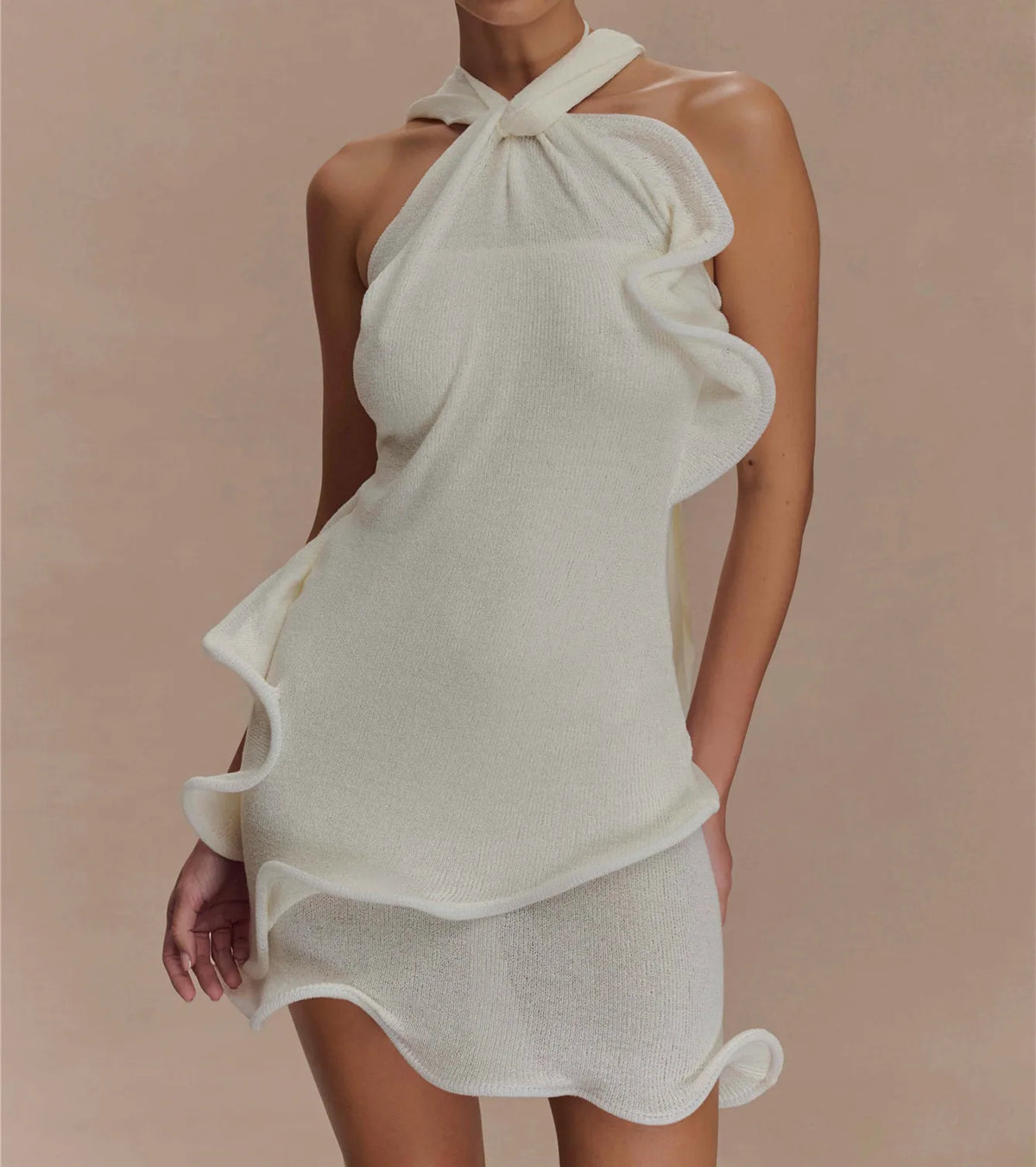 Solid High Street Halter Neck Sleeveless Spaghetti Strap Slim Sheath Mini Dress with Backless Detail – Medium-Stretch Polyester-Elastane, Natural Waist, Summer Luxegan