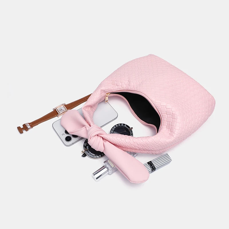 Light Luxury Woven PU Hand-Held Half Moon Bag | Solid Color Bow Handbag Luxegan