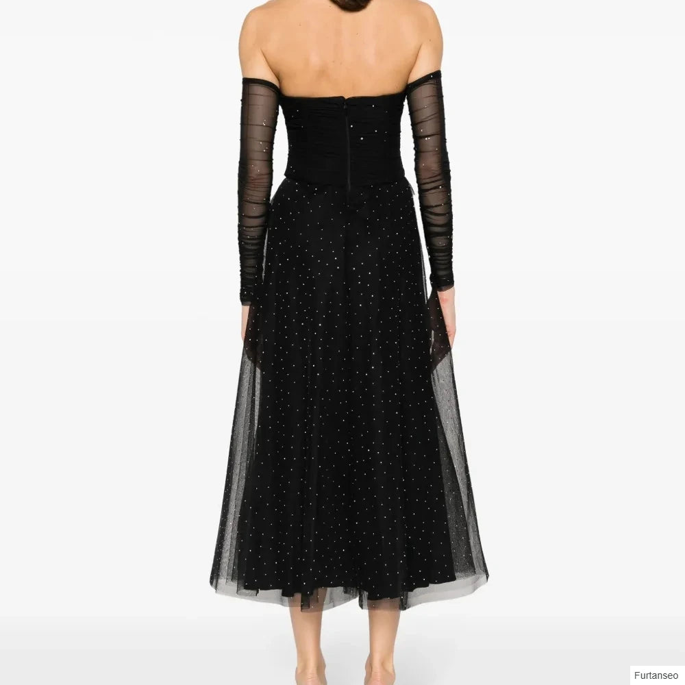 Crystal Draped A-Line Evening Gown | Strapless Full Sleeve Tea-Length Prom Dress Luxegan