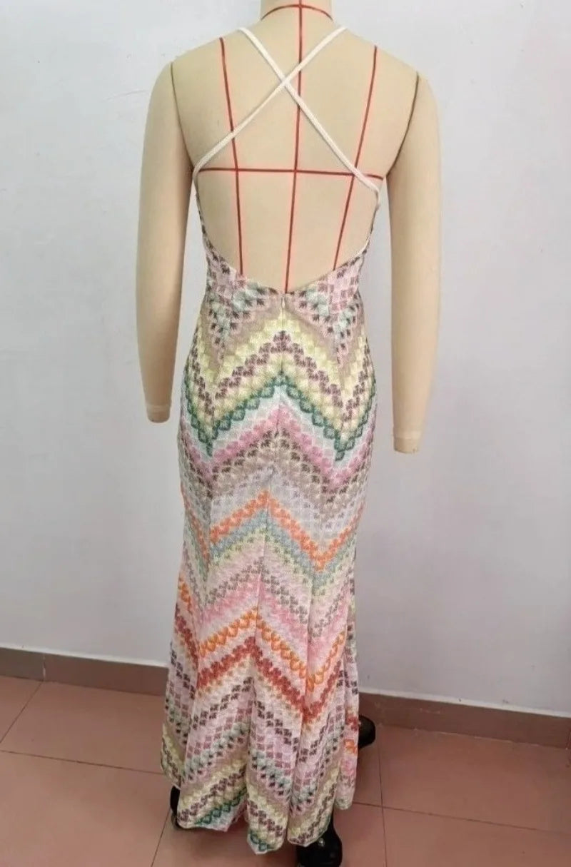 Geometric V-Neck Sleeveless Backless Regular Fit A-Line Floor-Length Dress – Natural Waist, Summer Luxegan