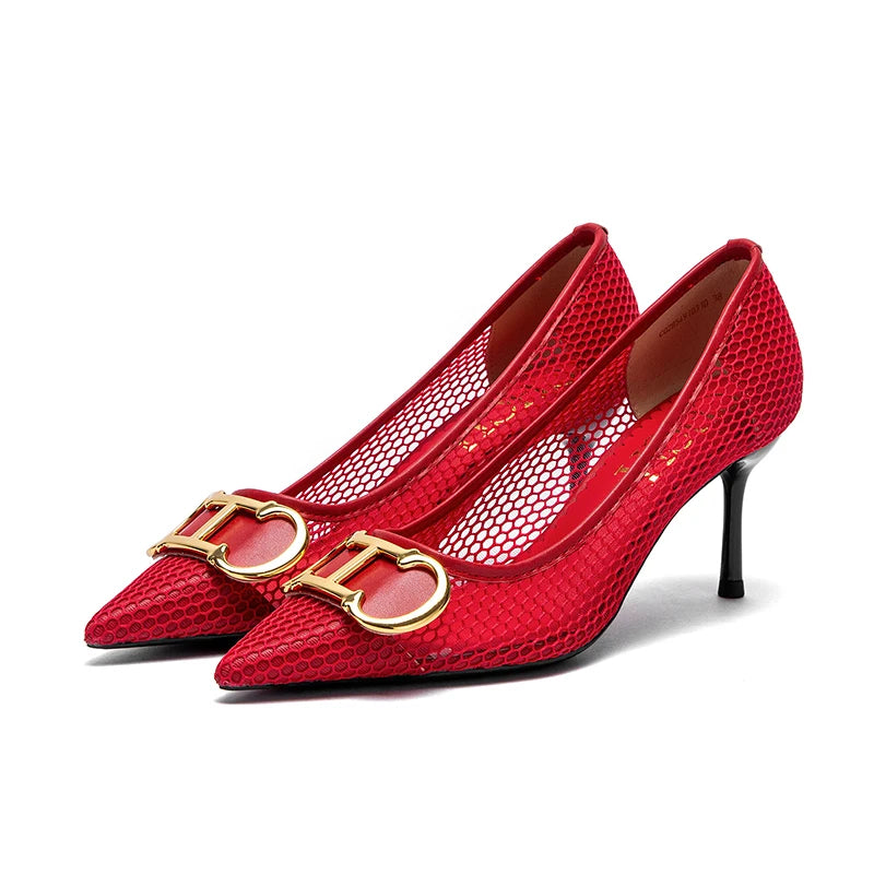 Spring New Hollow Business Pumps | Sophisticated 7cm Red T-Strap Heels | Elegant "Pointed Toe" Canvas Evening Shoes | "Dignified" High-Street Footwear for Radiant Versatile Styling Luxegan
