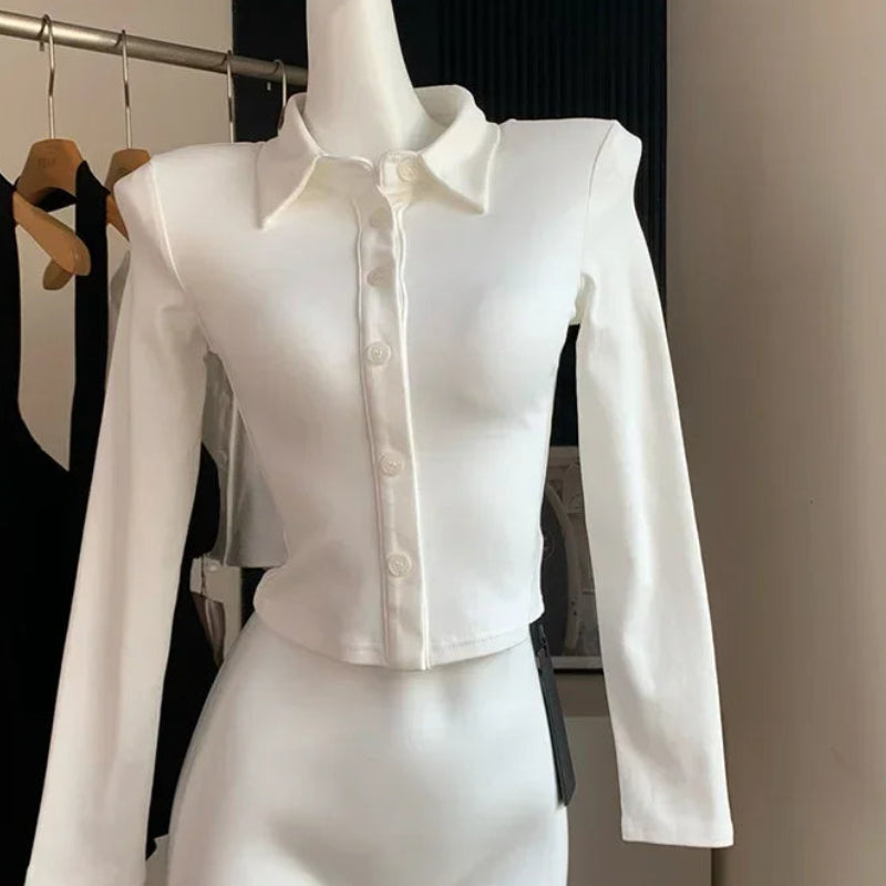 Women's Two-Piece Sexy Chic Halter Dress Set | Fashionable Polo Neck Button-Up Shirt & Slim Mini Dress | Casual Solid Color Autumn/Winter A-Line Outfit Luxegan