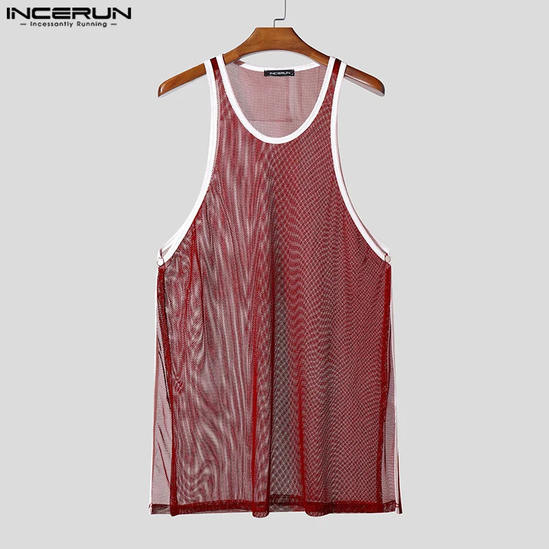 INCERUN Hombre Camisetas de Tirantes Malla Retazos Cuello Redondo Sin Mangas Chalecos Masculinos Transparentes Sexy Huecos Ropa de Hombre Ropa de Calle Verano