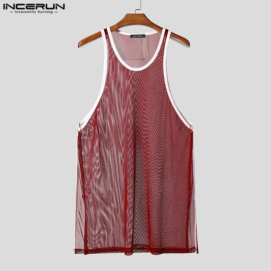 INCERUN Hombre Camisetas de Tirantes Malla Retazos Cuello Redondo Sin Mangas Chalecos Masculinos Transparentes Sexy Huecos Ropa de Hombre Ropa de Calle Verano