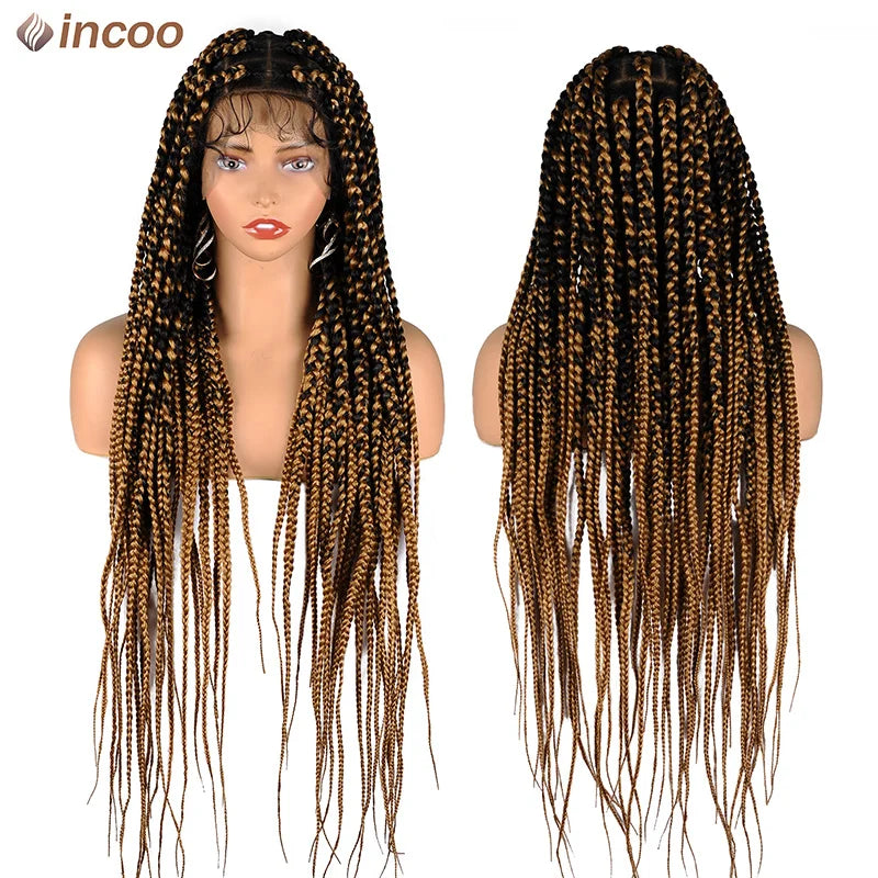 Synthetic Large Box Braided Wigs Jumbo Knotless Full Lace Front Wigs For Black Women Jumbo Tribal Braids Faux Locs Cornrows Wig Luxegan