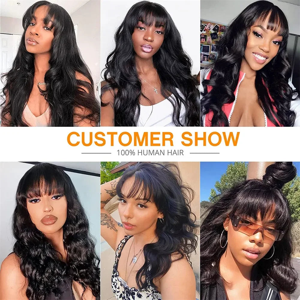12A Grade Body Wave Human Hair Wig with Bangs | 100% Peruvian Remy Human Hair Glueless Wig | Fully Machine-Made High-Density Body Wave Wig for Women Luxegan