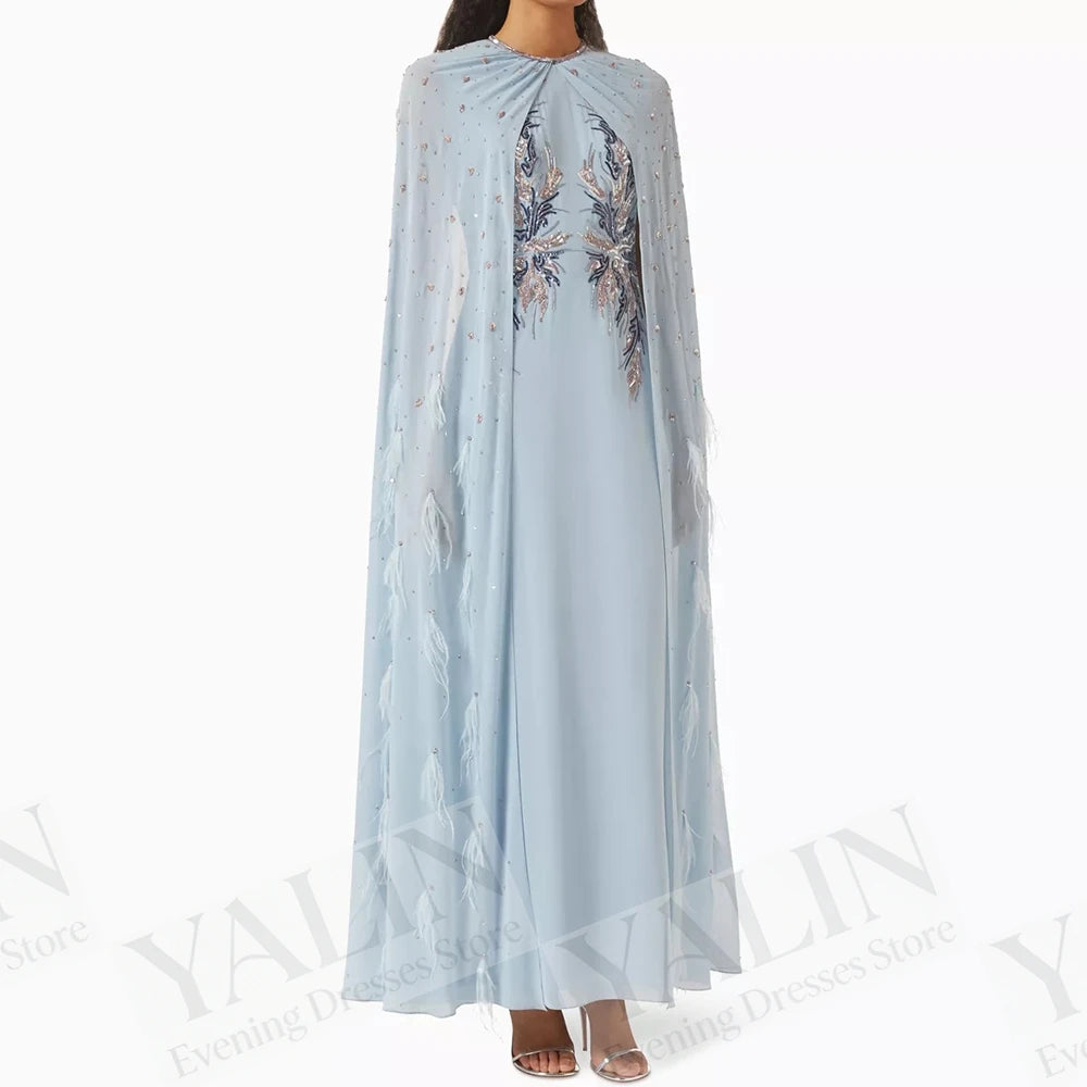 Sequined Stole A-Line Prom Dress | O-Neck Sleeveless Ankle-Length Evening Gown Luxegan