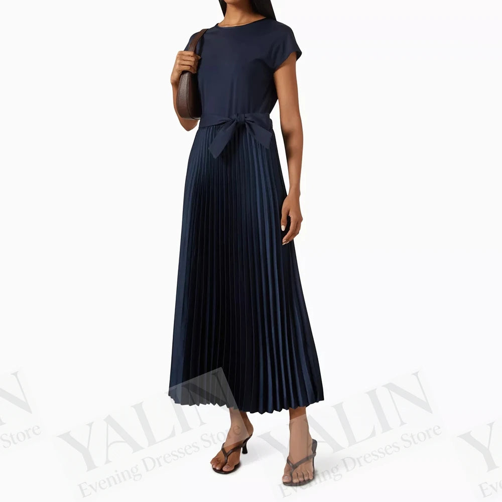 Bow Sash Draped A-Line Prom Dress | O-Neck Short Sleeve Tea-Length Evening Gown Luxegan