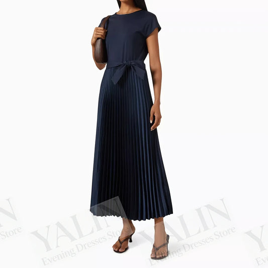 Bow Sash Draped A-Line Prom Dress | O-Neck Short Sleeve Tea-Length Evening Gown Luxegan