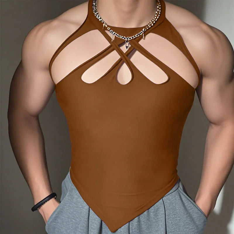 Men’s Solid Color Hollow-Out Tank Top | Sophisticated "O-Neck" Sleeveless Silhouette | Elegant Summer Sexy Fashion Vest | "Dignified" High-Performance Knit Streetwear for Radiant Versatile Styling Luxegan