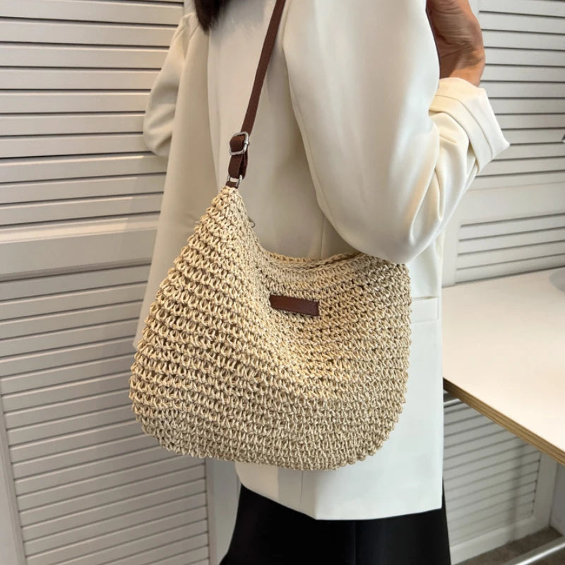 Women’s Fashion Straw Shoulder Bag | Large Capacity Paper Woven Handbag | Casual Summer Beach Tote with Zipper Closure | Minimalist Daily Straw Purse Luxegan