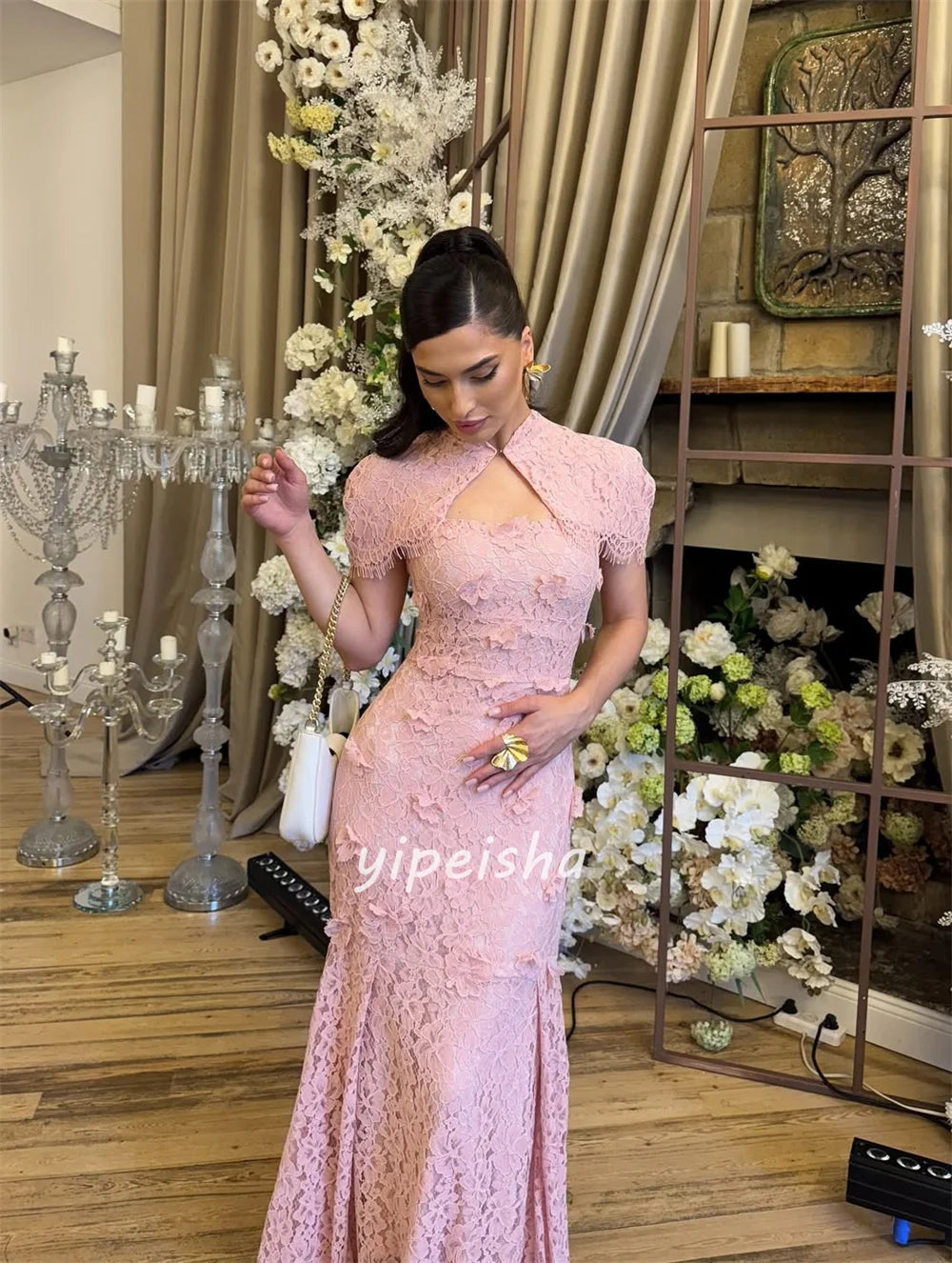 Customized Modern Style Formal Lace Handmade Flower Pleat Mermaid High Collar Long Dresses Bespoke Occasion Dresses High Quality