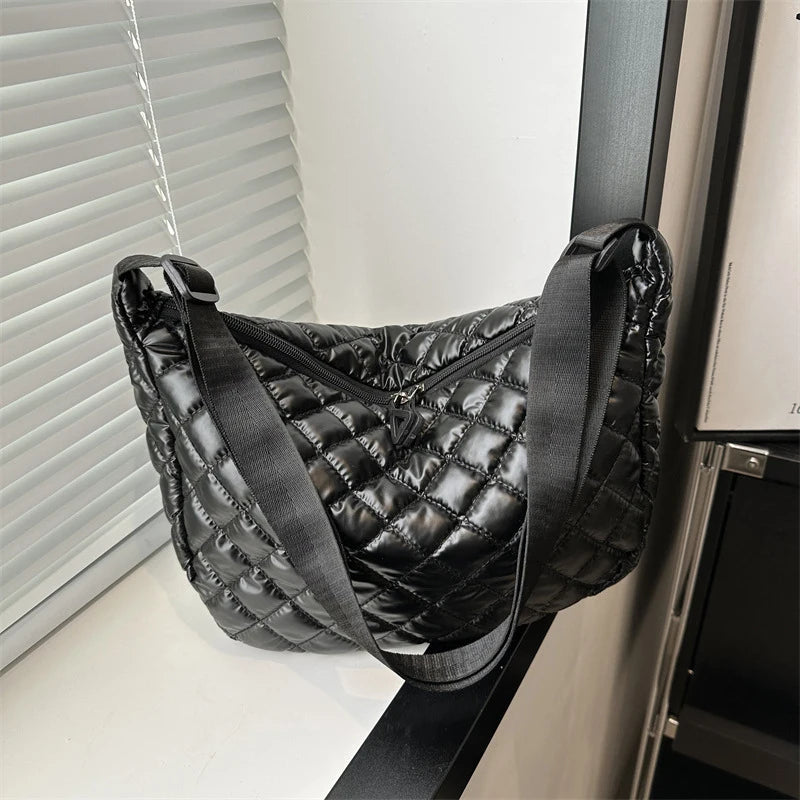 Fashion Nylon Padded Handbags Female | Large Capacity Top-Handle Bags & Solid Color Crossbody Bags (Winter Down Women Shoulder Bags) Luxegan