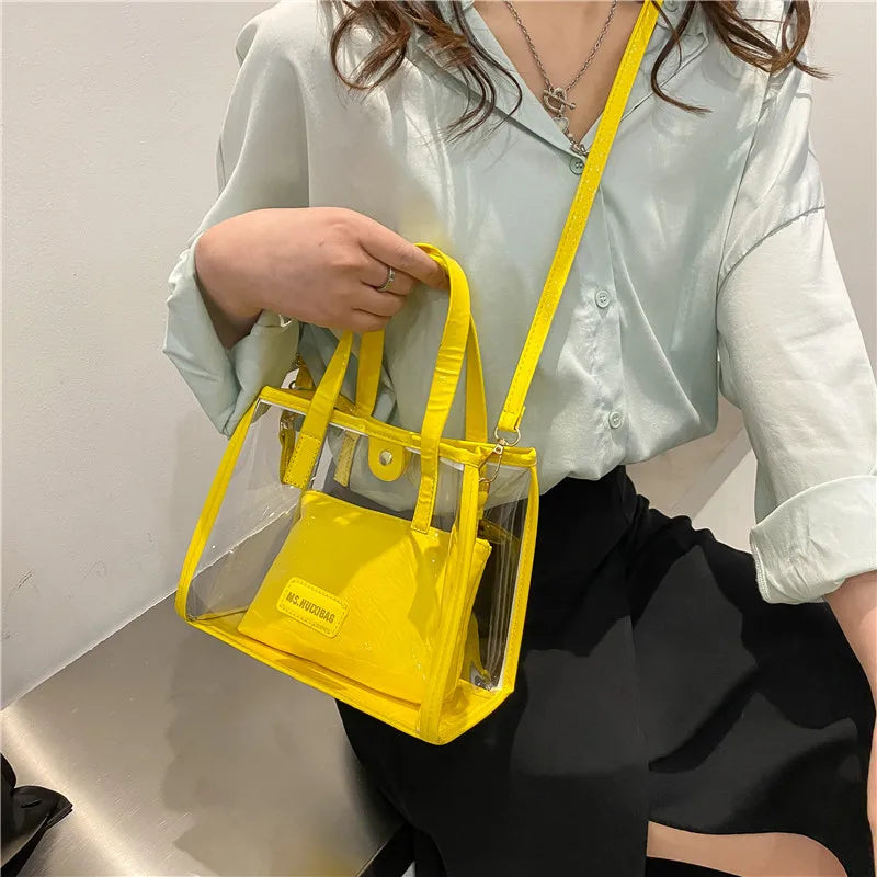 Trendy Stylish Transparent "Mother-Law" Tote Bag | Waterproof & Sandproof PVC Beach Bag | Fashionable Women’s Clear Shoulder Bag with Hasp Closure Luxegan