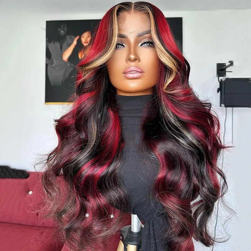 Black and Pink Highlight Body Wave Wig | Sophisticated 13x4 HD Transparent Lace Frontal | Elegant High-Temperature Fiber Glamour | "Dignified" 18–32 Inch Pre-Plucked Glueless Wig for Radiant Versatile Styling Luxegan