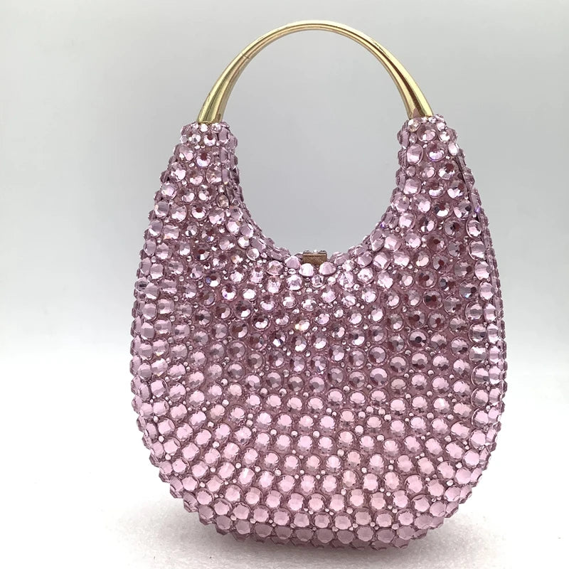 Lady Crystal Diamond Evening Clutch | Shimmering Rhinestone Bridal Handbag | Luxury Metallic Wedding Party Purse | Elegant Hard-Shell Minaudière with Chain Strap Luxegan