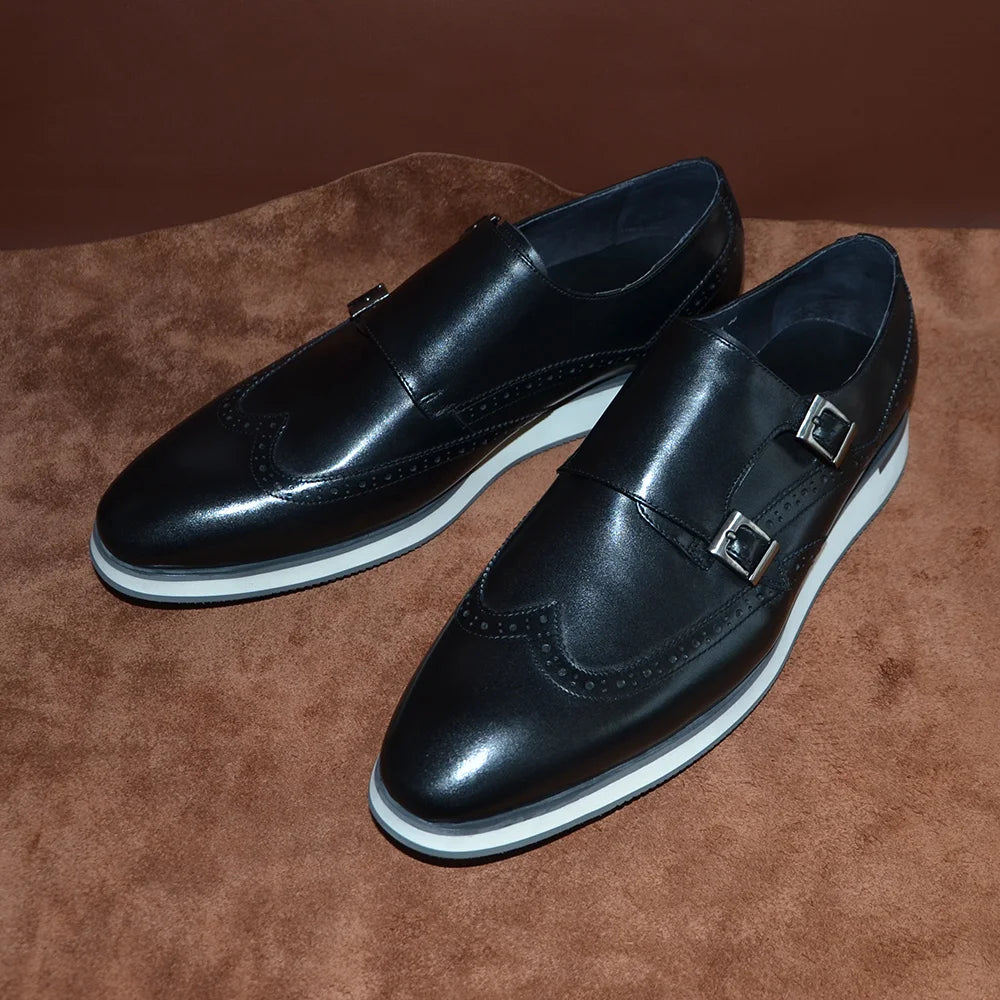 Classic European Luxury Monk Strap Sneakers | Sophisticated Double Buckle Wingtip Brogue | Elegant "Genuine Cow Leather & Suede" Silhouette | "Dignified" Sheepskin Insole & Non-Slip Rubber for Radiant Versatile Styling Luxegan