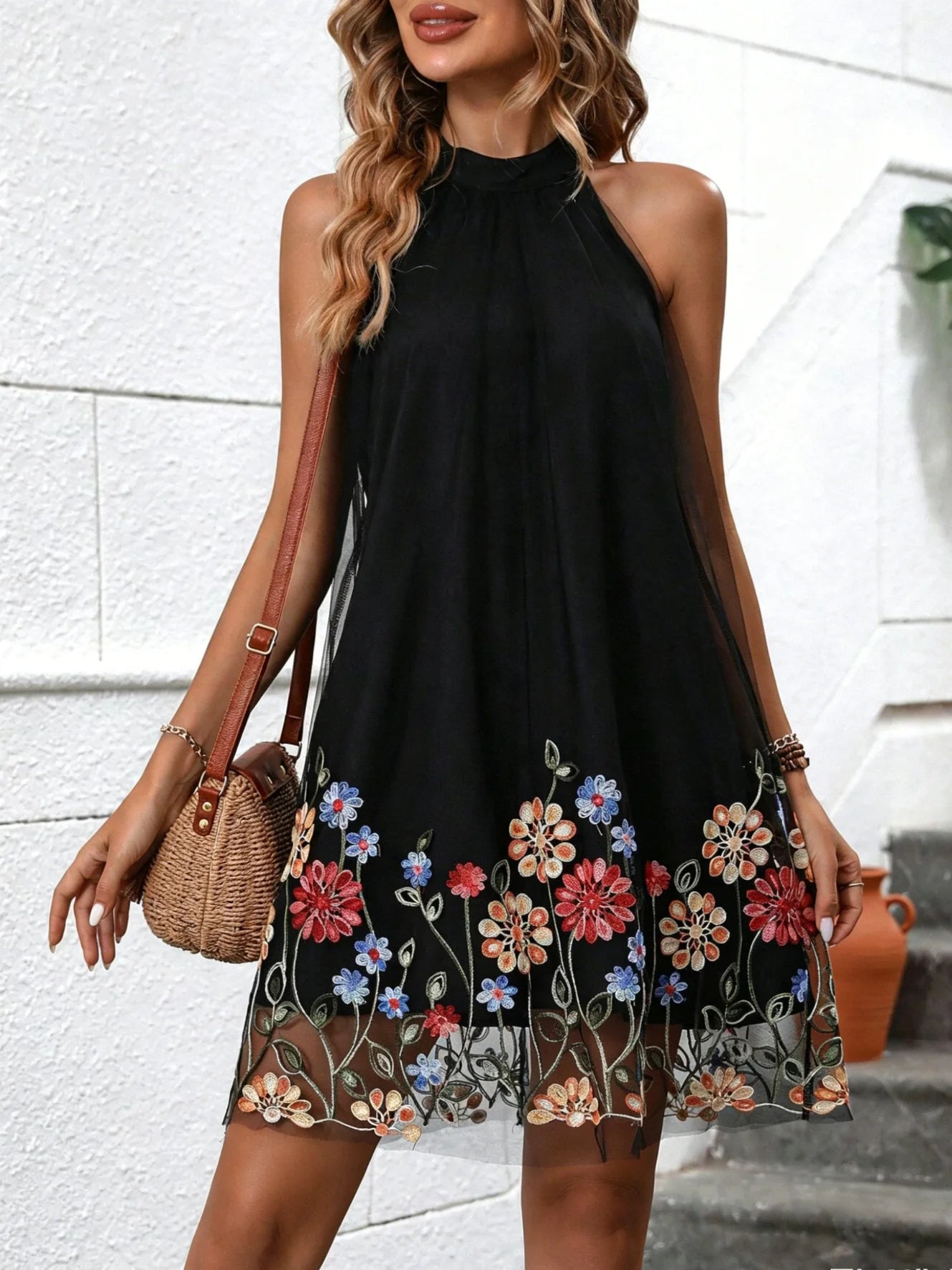 Women's Black Floral Embroidery Halter Mini Dress | Sleeveless Mesh Overlay Summer Beach Sundress | Bohemian Loose-Fit A-Line Vacation Dress Luxegan