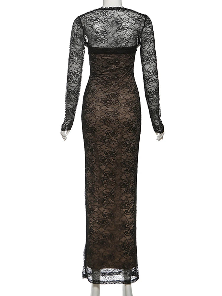 Nibber Coquett Low-Neck Maxi Dress+Lace Full Sleeve Crop tops Women Jacquard Sexy Prom Party Midnight Classic Fashion Vestidos