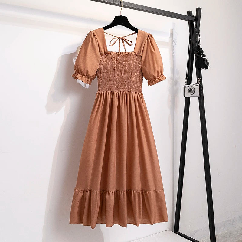 Women's Printed Chiffon Short-Sleeve Dress | Elastic-Waist Pleated A-Line Summer Dress | Slash-Neck Knee-Length Casual Slim-Fit Gown Luxegan