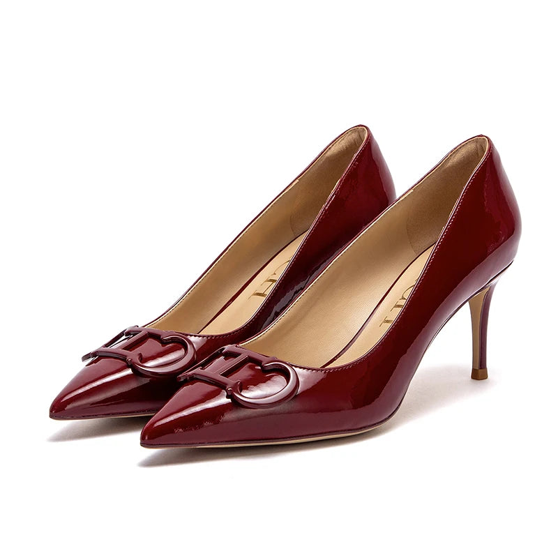 New Lacquer Leather Business Pumps | Sophisticated 7cm T-Strap Wedding Heels | Elegant "Plaid Pattern" Pointed Toe Shoes | "Dignified" Platform Footwear for Radiant Versatile Styling Luxegan