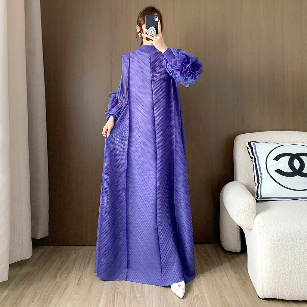 Elegant Heavy Industry Flower Disc Pleated Dress | Versatile Age-Reducing Mother Outfit | Luxury Geometric High-Stretch A-Line Long Skirt | Model 2404LYQ-Z20178-2 Loose Fit One-Size-Fits-All Long Sleeve Dress Luxegan