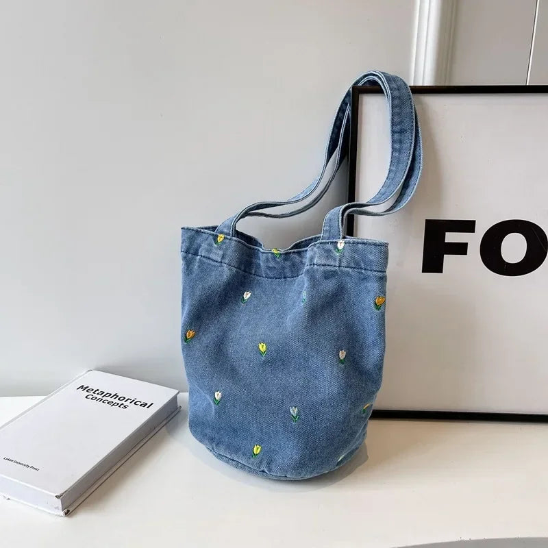 Designer Denim Bucket Bag | Vintage Floral Canvas Shoulder Bag & Crossbody | Casual Unisex Tote with Linen Lining and Hasp Closure Luxegan