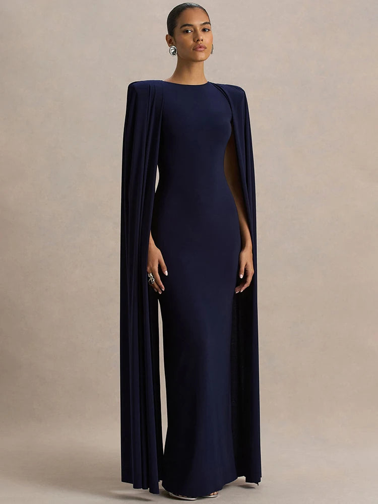 Solid O-Neck Full-Length Sleeve Slim Fit A-Line Midi Dress – Natural Waist, Polyester-Elastane, All Season Luxegan