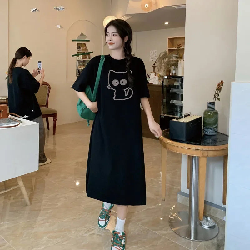 Women's New Cartoon Cat Print Dress | Cute Summer Autumn Short Sleeve Loungewear | Casual Loose Fit O-Neck Home Dress | Premium Non-Woven Slight Stretch Knee-Length A-Line Vestido