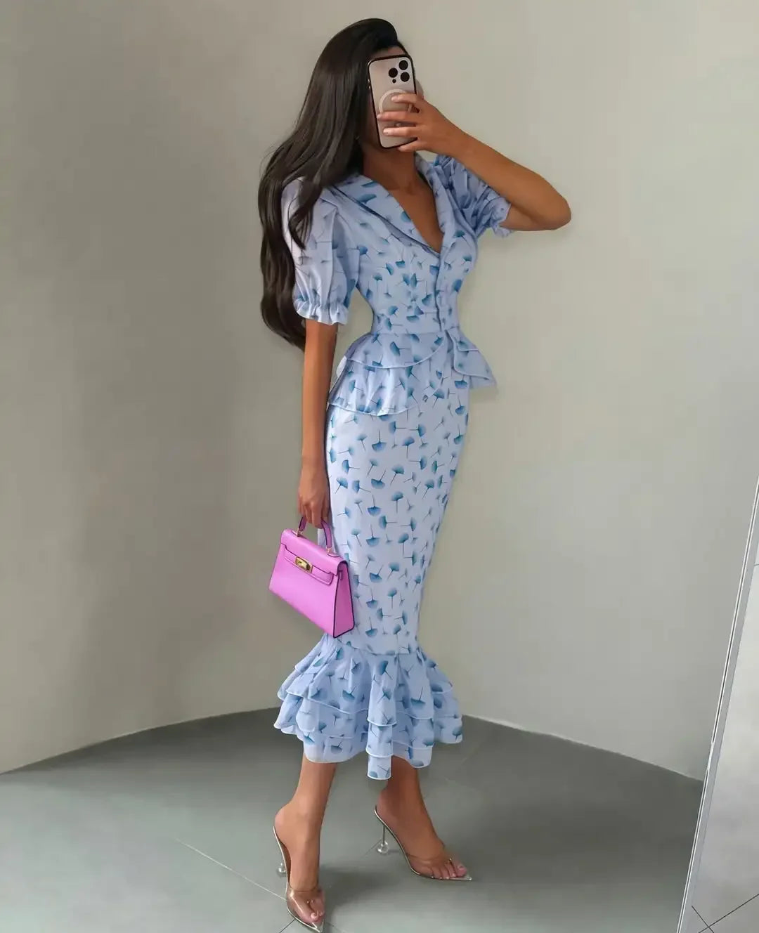 Print Lapel V-Neck Short Sleeve Fit-and-Flare Pleated Mid-Calf Dress – Natural Waist, Slight Stretch, Spring/Summer Luxegan