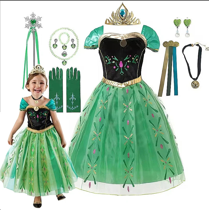 Girls' Full-Print Princess Birthday Party Gown | Fancy Shoulderless Carnival Costume for Kids | European Style Ankle-Length Summer A-Line Dress Luxegan