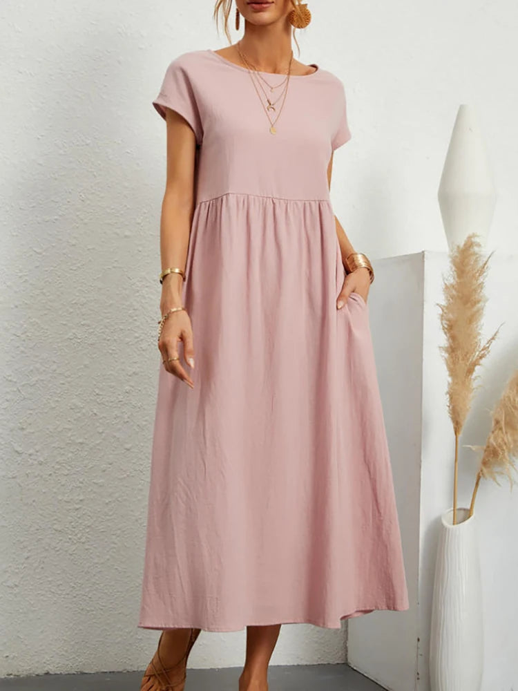 Women's Elegant Solid Maxi Dress | Vintage Harajuku Cotton Linen Long Dress | Summer Short Sleeve O-Neck Loose Sundress | Premium Y2K Minimalist Pocketed A-Line Luxegan