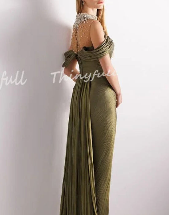 Dubai Shiny Satin Mermaid Prom Dress | Elegant High-Neck Pearl Evening Party Gown | Sleeveless Off-The-Shoulder Split Floor-Length Dress Luxegan