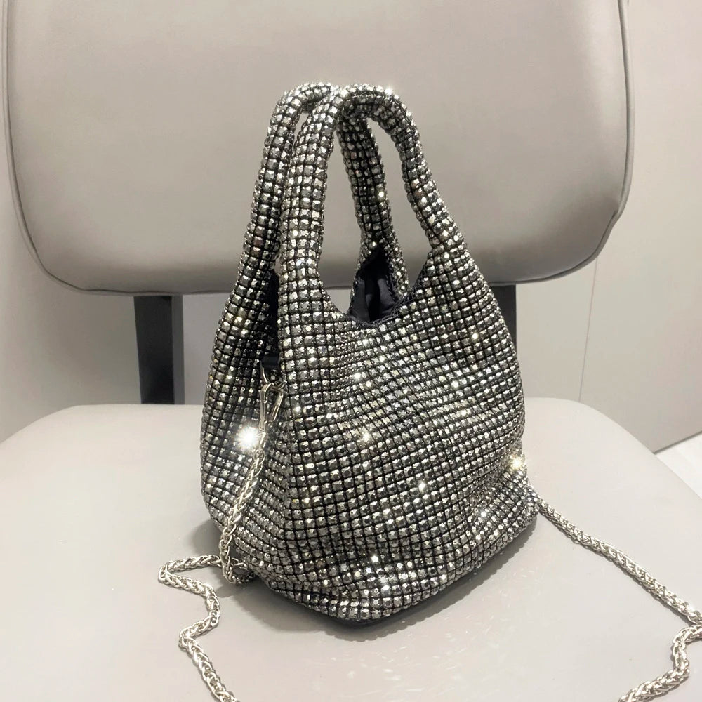 Shiny Crystal Bucket Bag | Luxury Designer Evening Clutch Luxegan