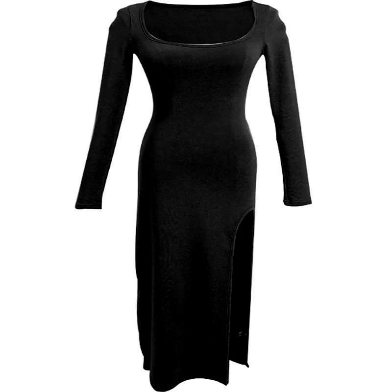 Side Slit Knit Bodycon Midi Dress | Square Neck Long Sleeve Wrap Hip Street Dress Luxegan