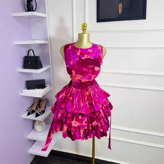 V-Neck Long Sleeve Ruffle Floral Print Hollow-Out Fit & Flare Mini Dress | Sexy Elegant Low-Cut Summer Dress Luxegan