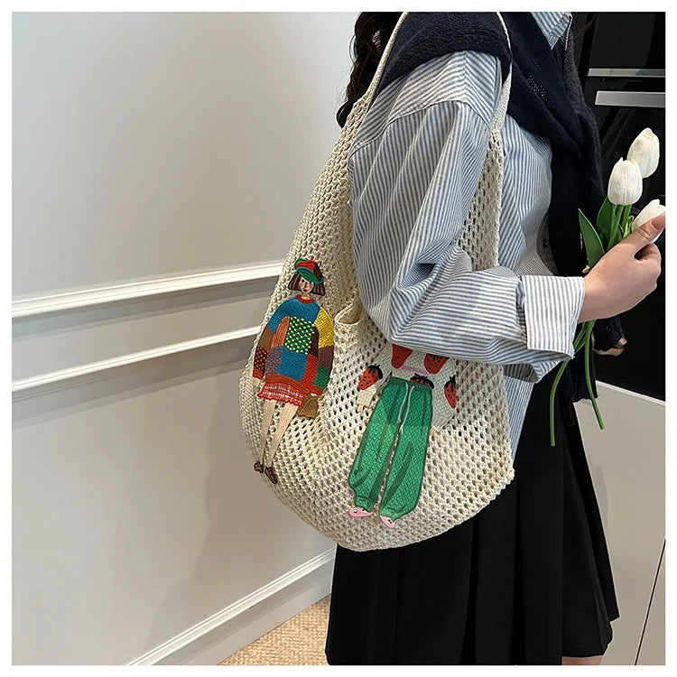 Hollow Mesh Knitted Shoulder Bag | Slouchy Chic Cartoon Beach Tote | Lightweight Laid-Back Woven Handbag | Spring & Summer Versatile Nylon Satchel for Women Luxegan