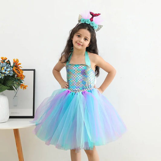 Vestido de fiesta de cosplay para niñas, vestido de princesa, vestidos de tul de sirena, disfraz para fiesta de cumpleaños temática con diadema de flores