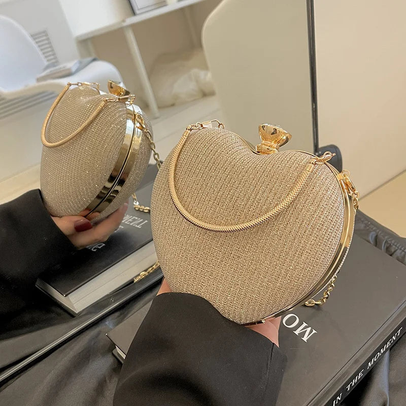 Shiny Heart Shape Metal Evening Clutch Bag for Women | Fashion Chain Shoulder Crossbody Bag (Luxury Lady Purse) Luxegan