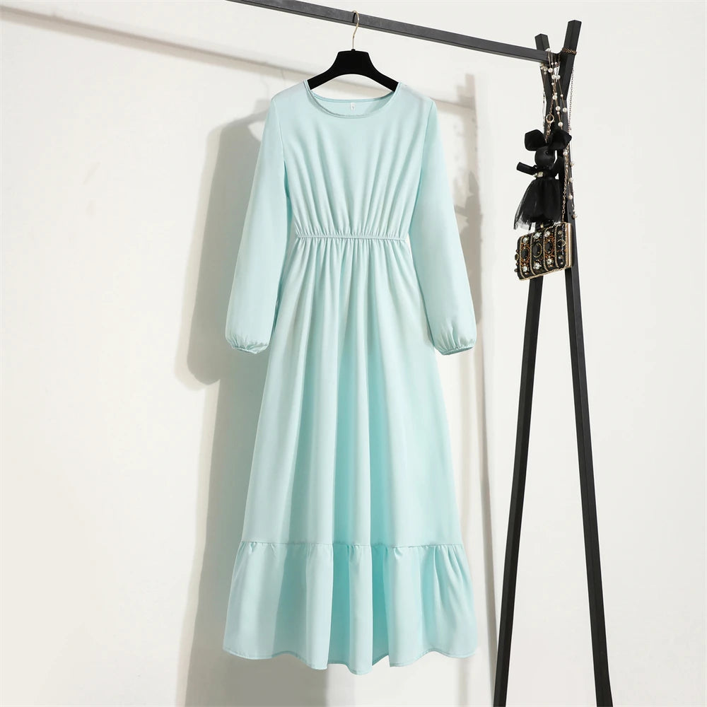 Women's Solid Chiffon Muslim Maxi Dress | Long-Sleeve Casual Loose Fit A-Line Dress | Full-Sleeve O-Neck Spring Autumn Ankle-Length Robe Luxegan