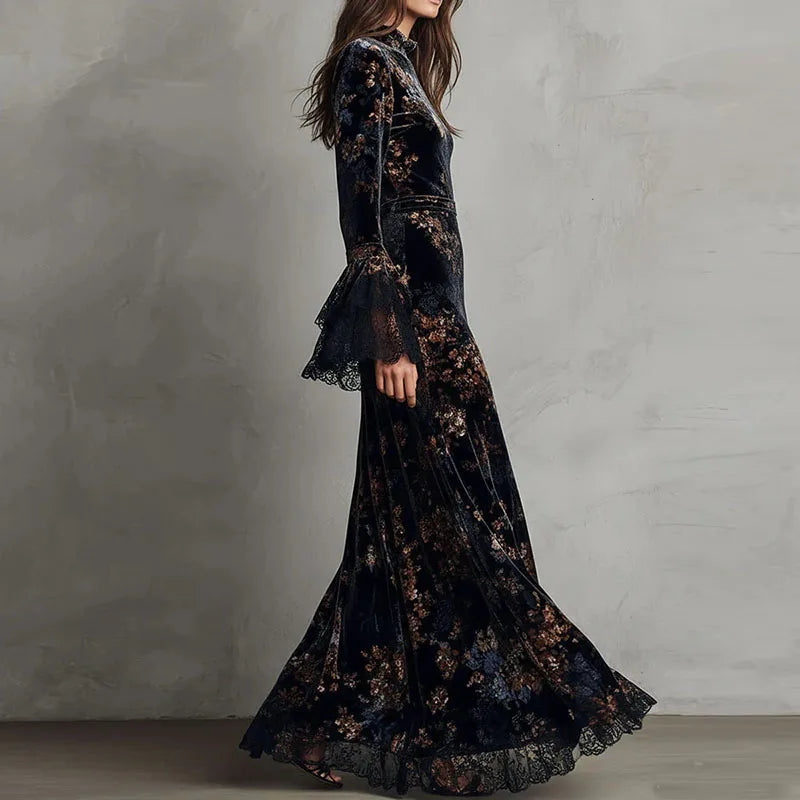 Printed Petal Sleeve Mermaid Maxi Dress – Crew Neck, Empire Waist, Autumn/Winter Luxegan