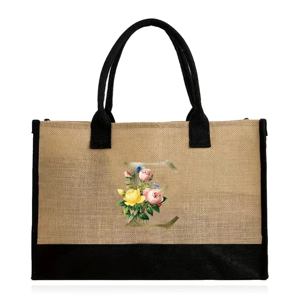 Handmade Jute & Canvas Beach Shopper | Large Capacity Portable Grocery Organizer | Eco-Friendly Woven Women’s Handbag with Golden Flower Pattern Luxegan