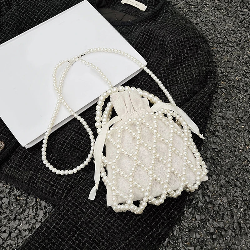 Luxury Pearl Women’s Bucket Tote | Sophisticated Woven Pearl Crossbody Bag | Elegant Small Wallet Handbag | Fashion-Forward "Dignified" Drawstring Purse with Bow Decoration Luxegan
