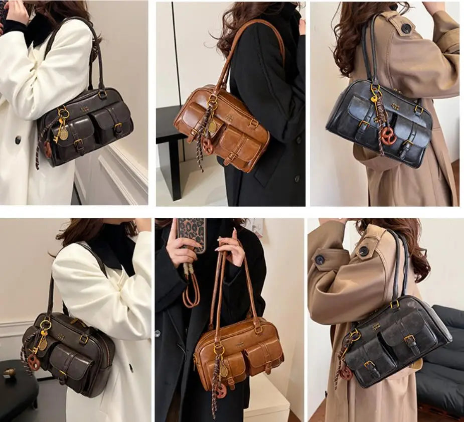 Women’s Coffee Brown Multi-Pocket Handbag | Stylish Versatile Letter Crossbody Purse | Vintage PU Leather Shoulder Bag with Sequined Detail | Large Capacity Daily Tote for Travel & Work Luxegan