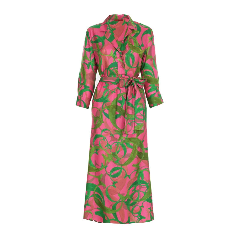 Letter Print Lace-Up Midi Dress | Turn-Down Collar Three-Quarter Sleeve Elegant Office Dress Luxegan