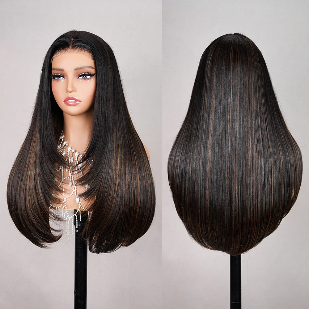 30-Inch Highlight Layered Glueless 6x6x1 Lace Closure Wig - Pre-Cut Lace & Pre-Plucked Hairline Wear-and-Go Mixed Hair Wig - 50% Human Hair / 50% Synthetic Hair Honey Highlight Straight Wig for Women Luxegan